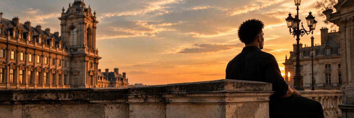 Mand ved en stenbalustrade i solnedgang med historiske bygninger i baggrunden